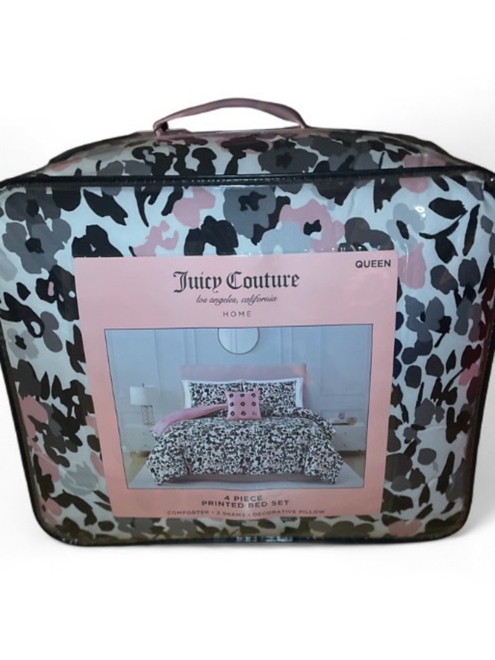 Juicy Couture 4-Piece Queen Printed Bed Set - Black Pink Floral Camo Comforter